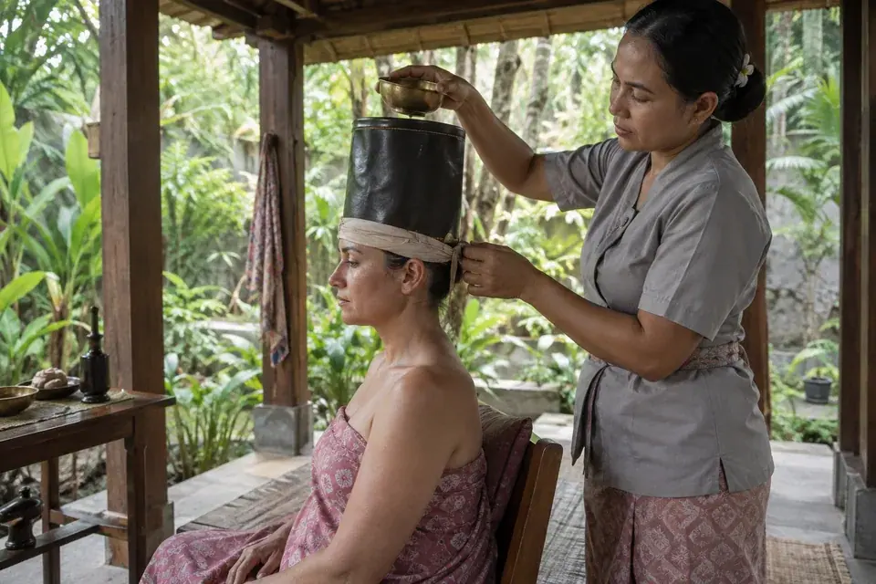 A seated guest with a traditional cylindrical Shiro Basti oil cap